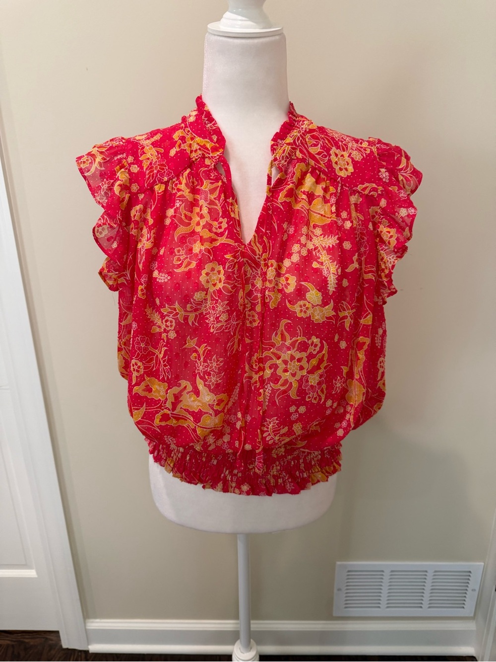 RACHEL Rachel Roy Red and Yellow Floral Ruffle Cap-Sleeve Blouse